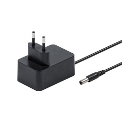 Black AC power adapter with EU plug isolated on white.