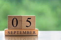 September 5 calendar date text on wooden blocks with copy space for ideas or text. Copy space and calendar concept