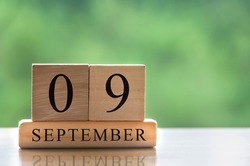 September 9 calendar date text on wooden blocks with copy space for ideas or text. Copy space and calendar concept