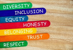 Diversity, inclusion, equality, honesty, belonging, trust and respect text on colorful wooden stick - Business culture concept