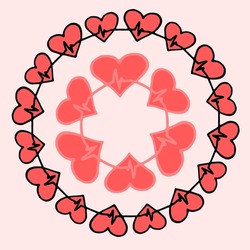 a set of heart templates with a pulse line. hand-drawn in the style of doodles, a set of round empty frames of isolated red heart color with a heartbeat pulse pattern for a design template.