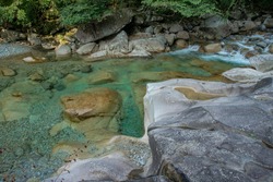 Sapphire green water river, Atera Valley, Nagano.