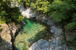 Sapphire green water river in Atera Valley, Nagano.