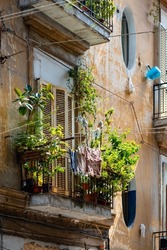 Small balcony in the historic old town “Centro storico“ of Naples City  in southern Italy. Rotten and weathered facade of typical housing seen from the street. Plants illuminated by warm evening light