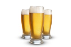 three glasses of beer isolated on white background