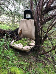 Old car seat covered in moss in the bush. Refuse in the forest left to rot. A man made item swallowed up by Mother Nature.