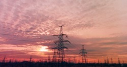 High voltage post.High-voltage tower sky background. High-voltage power lines. Electricity distribution station. high voltage electric transmission tower. Distribution electric substation with power