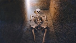 Skeleton in tomb. The skeleton of the princess. Archaeological excavations and finds, a detail of ancient research, prehistory. Bones of a skeleton in a human burial