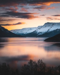 Sunset in Hardanger fjord in Norway