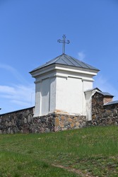 Lithuania, Vidiškė, fragment of the facade of the Catholic Church