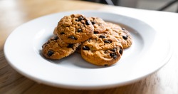 Close-up of homemade chocolate chip cookies. Basic drop cookies with chocolate morsels. Choc chip cookies in a white plate on a wooden table. Traditional handmade chewy cookies with chocolate chunk