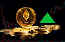 New cryptocurrency Ethereum ETH 2.0 go up in trading. Golden coin with Ethereum logo rise in bull market. Price of decentralized digital currency is growing up. Electronic money on black background