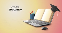 Digital Book Online Education blank space paper and 
Graduation hat on laptop mobile phone website background social distance concept