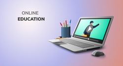 Digital Video Online Education on laptop mobile phone website background social distance concept
