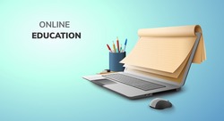 Digital Lecture Online Education blank space paper and graduate hat on laptop mobile phone website background. social distance concept