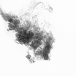 Black curly smoke isolated on white background. Inverted frame. Abstract mystical smoke for your photos.