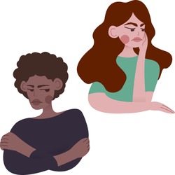 Vector illustration. Two moody girls. The girl crosses her arms over her chest. The girl rests her head on her hand.