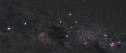 Panorama od the southern hemisphere night sky with the the Southern Cross, the Centaurus pointer stars, and the Eta Carinae nebula