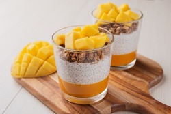 Chia seed pudding with fresh mango, granola in glass on light wooden table. Healthy breakfast. Vegan food. Clean eating and superfoods concept.