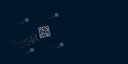 A puzzle symbol filled with dots flies through the stars leaving a trail behind. Four small symbols around. Empty space for text on the right. Vector illustration on dark blue background with stars