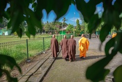 Buddhist monk and buddhist buddhist walking together.