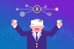 Bald businessman wearing VR in metaverse with Bitcoin cryptocurrency and blockchain illustration