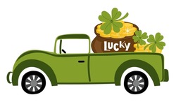St. Patrick's day green vintage pickup truck delivering lucky shamrocks and gold. Greeting card with retro truck. Vector template for postcard, banner, poster, flyer.