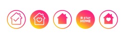 Social media set in support of self-isolation and staying at home. Distancing measures to prevent virus spread. Covid19 signs. Stay home. Isolated icon set on white background perfect for posts, news.