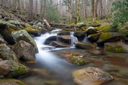 Spring time forest scene during winter melt rushing fresh water fall  cascade down stream over mossy rocks carrying sand and sediment 