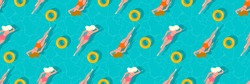 Summer, swimming pool. Summer, holiday seamless pattern background design with water swimmer girls, round floating rings
