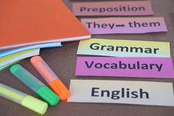 Word cards with text for teaching. English grammar vocabulary. Concept, education, learning and studying language. English teaching materials. Old teaching style but still work.Educational items.