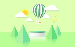 3D rendering podium, colorful green background, clouds and weather with empty space for kids or baby product
