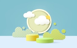 3d product podium, pastel color background, clouds, weather with empty space for kids or baby product.