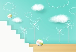 Rendering empty wooden floor scene with windmill and cloud background for products presentation