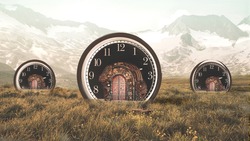 Clocks and houses in steampunk style.