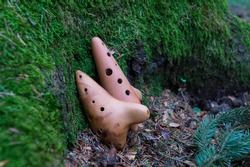 Two clay wind musical instruments ocarinas in the forest against the background of soil, strewn with spruce needles and branches,   and the mossy foot of a tree