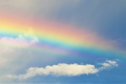 A vivid rainbow streaking across blue, cloudy skies. 