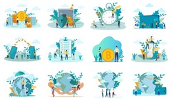 Earth protection,the ozone layer, environmental protection,time management, global financial payments.A set of flat icons vector illustrations on the topic of business and technology.
