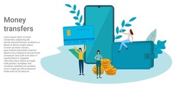 Money transfers.People on the background of a credit card and the use of NFC.Poster in business style.Vector illustration.