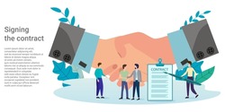 Signing the contract.People sign a contract, a handshake symbol.Poster in business style.Vector illustration.