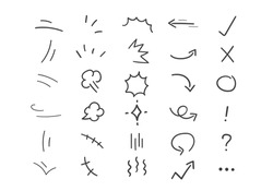 Vector set of hand-drawn cute cartoony expression sign doodle line stroke. movement drawing, curve directional arrows, emoticon effects design elements, cartoon character emotion symbols,