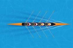 Four Racing shell with mixed paddlers for rowing sport on water surface. Four paddlers skull rowing mixed race. Woman and Man and inside boat. Top view. Vector Illustration