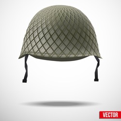 Military classic helmet green color. Vector illustration. Metallic army symbol of defense and protect. Isolated on white background. Editable.