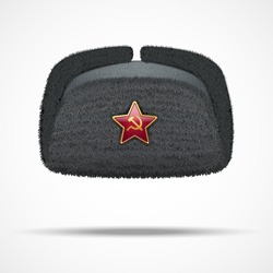 Russian black fur winter hat ushanka with red star. Soviet Union uniform of KGB and NKVD. Vector illustration isolated on white background.