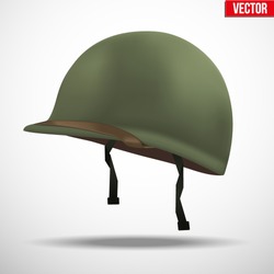 Military US green helmet infantry of WWII. Side view. Metallic army symbol of defense. Vector illustration Isolated on white background. 