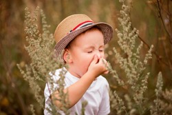 Child with pollen allergy. Boy sneezing  because of seasonal allergy while sitting in a grass. Spring allergy concept. Wormwood pollen allergy.
