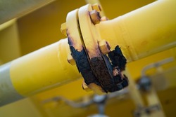 Close-up of corroded steel pipe, corrosion of steel, general corrosion, offshore petroleum pipelines.