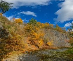 abandoned quarry slope with trees in autumn