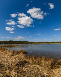 view on pond in autumn with clouds on blue sky