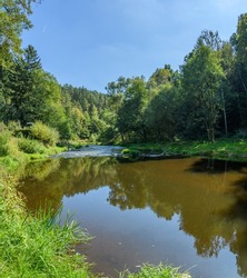 river in valley surrounded by forests, blue sky